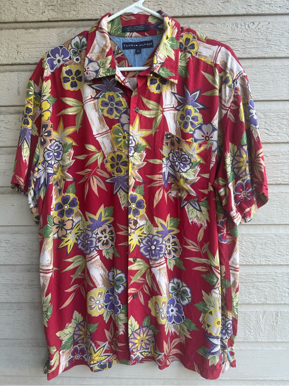 Tommy Hilfiger Red Floral Short-Sleeve Button-Down Shirt with Multicolor Blooms